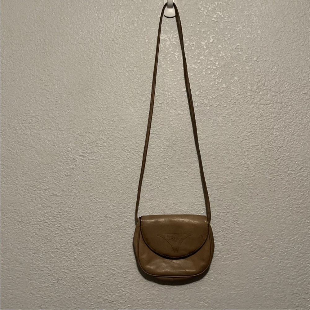 ROLFS Tan Leather Small Crossbody Bag Arts and Crafts Rose Imprint